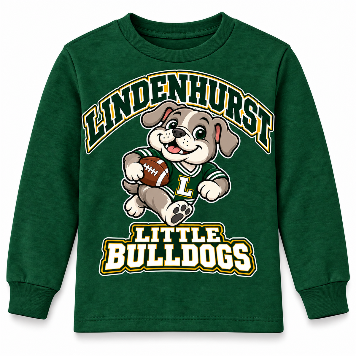 Lindenhurst Little Bulldogs Touchdown Pup youth Long Sleeve Tee in Forest Green, front view