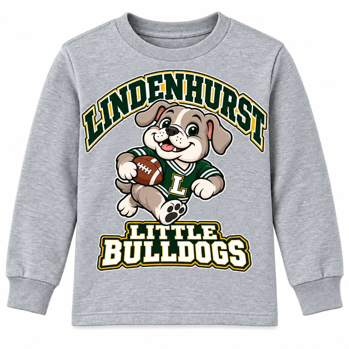 Lindenhurst Little Bulldogs Touchdown Pup youth Long Sleeve Tee in Heather Gray, front view
