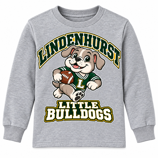 Lindenhurst Little Bulldogs Touchdown Pup youth Long Sleeve Tee in Heather Gray, front view