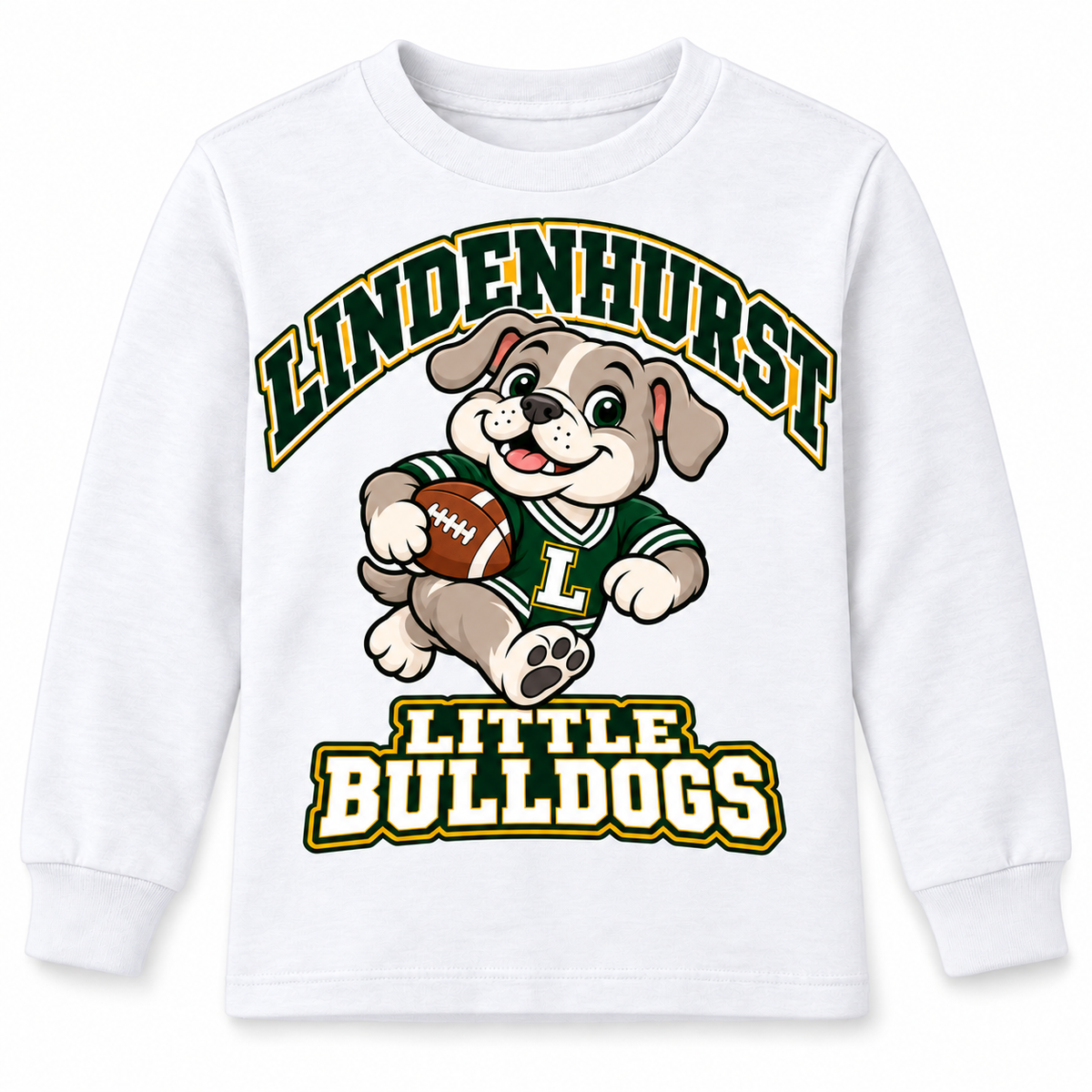 Lindenhurst Little Bulldogs Touchdown Pup youth Long Sleeve Tee in White, front view