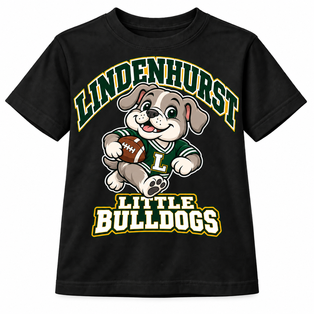 Lindenhurst Little Bulldogs Touchdown Pup youth T-Shirt in Black, front view