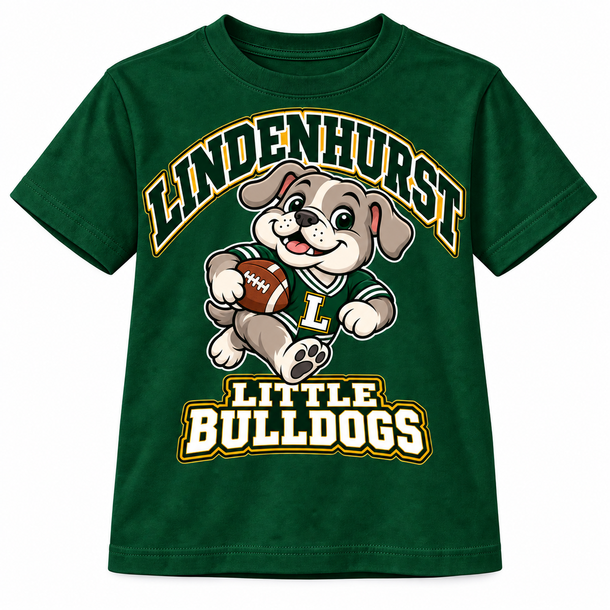 Lindenhurst Little Bulldogs Touchdown Pup youth T-Shirt in Forest Green, front view