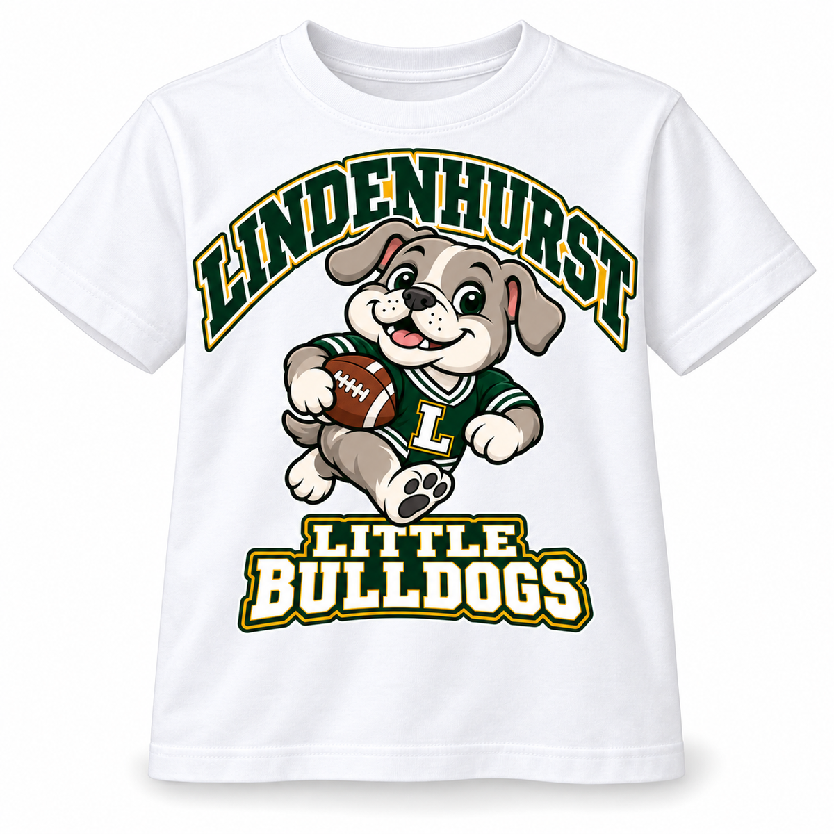 Lindenhurst Little Bulldogs Touchdown Pup youth T-Shirt in White, front view