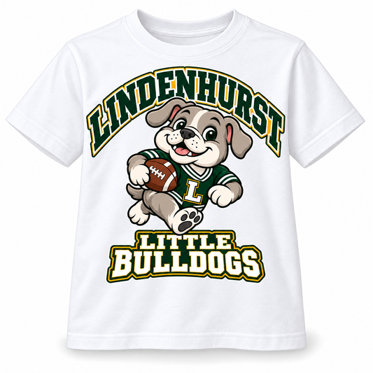 Lindenhurst Little Bulldogs Touchdown Pup youth T-Shirt in White, front view