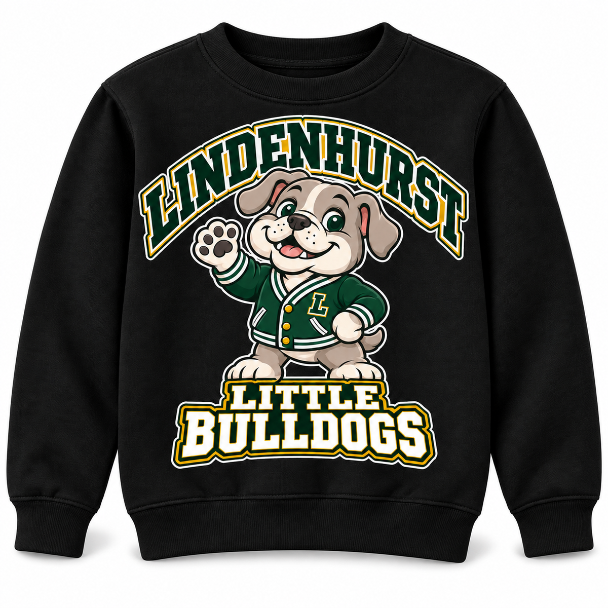 Lindenhurst Little Bulldogs Varsity Pup youth Crewneck Sweatshirt in Black, front view