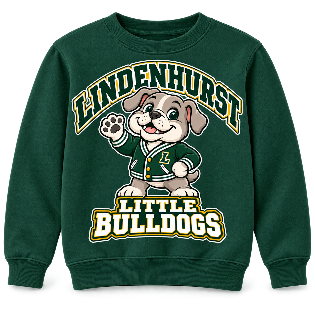 Lindenhurst Little Bulldogs Varsity Pup youth Crewneck Sweatshirt in Forest Green, front view