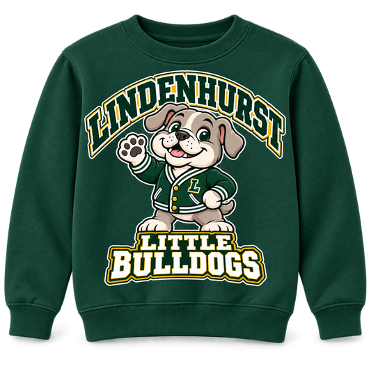 Lindenhurst Little Bulldogs Varsity Pup youth Crewneck Sweatshirt in Forest Green, front view
