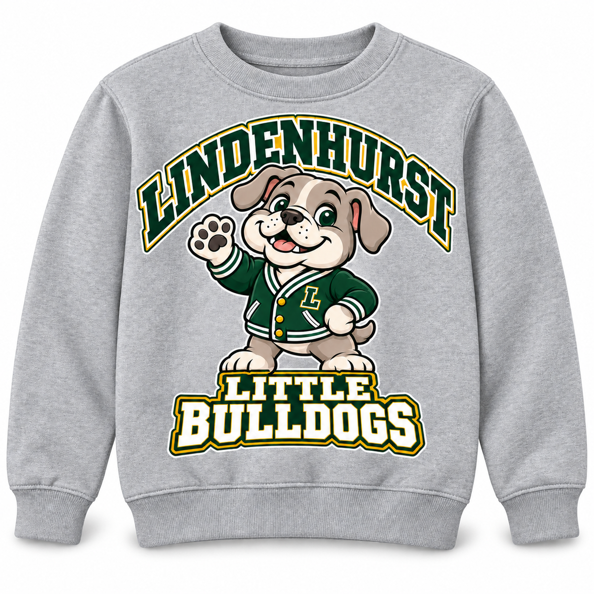 Lindenhurst Little Bulldogs Varsity Pup youth Crewneck Sweatshirt in Heather Gray, front view