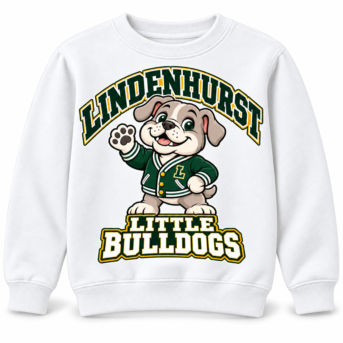 Lindenhurst Little Bulldogs Varsity Pup youth Crewneck Sweatshirt in White, front view