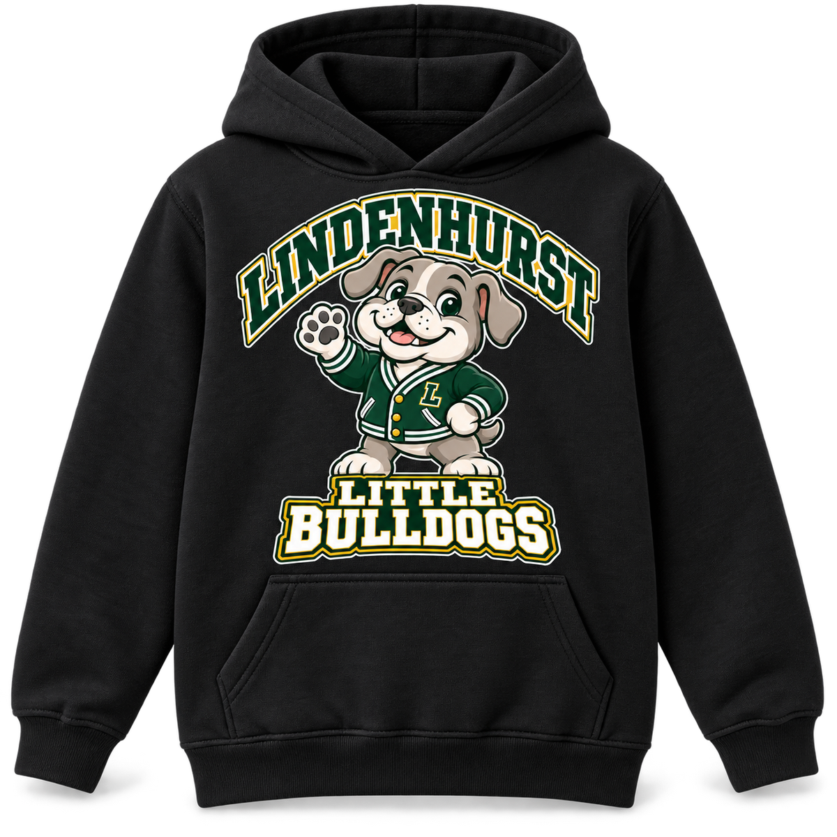 Lindenhurst Little Bulldogs Varsity Pup youth Pullover Hoodie in Black, front view