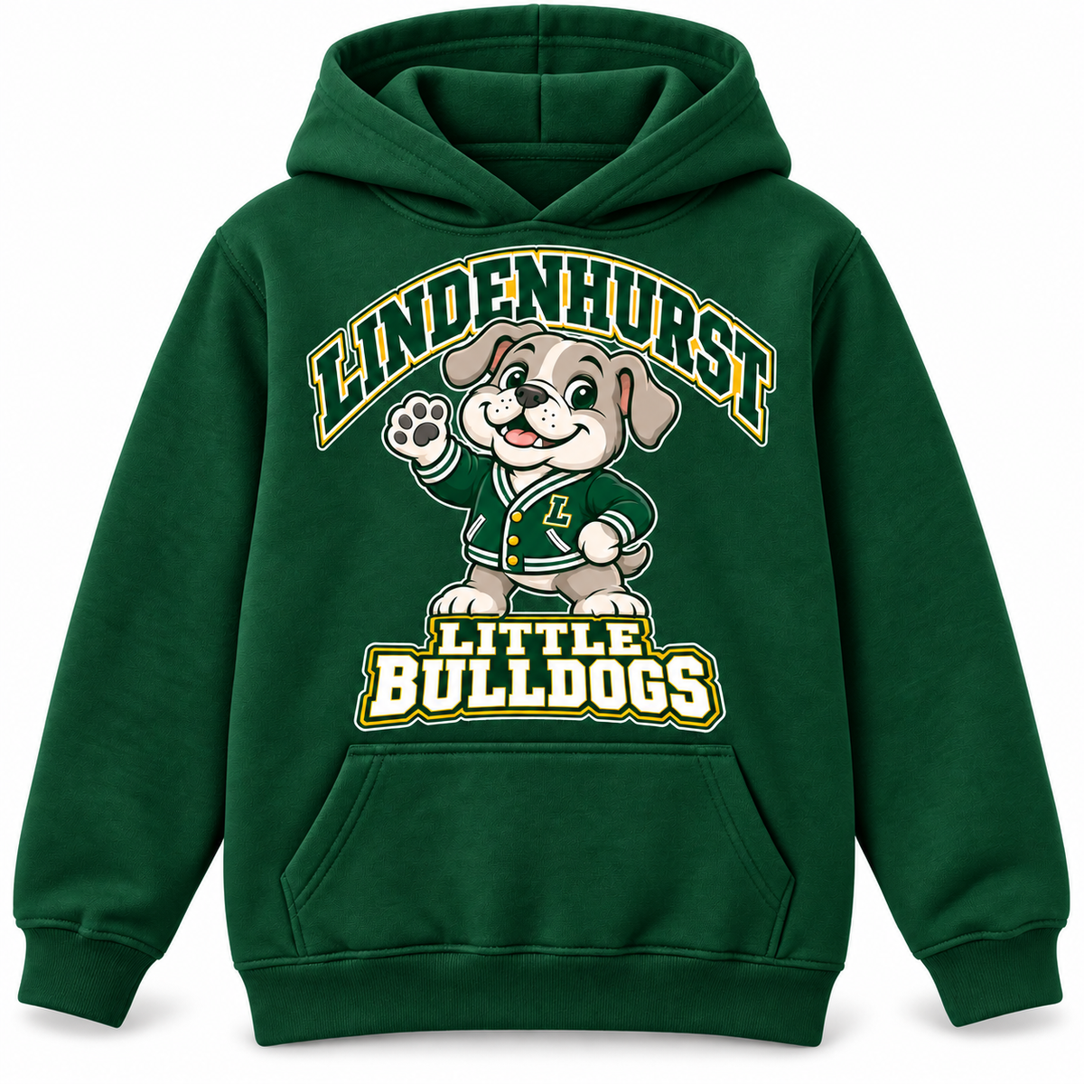 Lindenhurst Little Bulldogs Varsity Pup youth Pullover Hoodie in Forest Green, front view