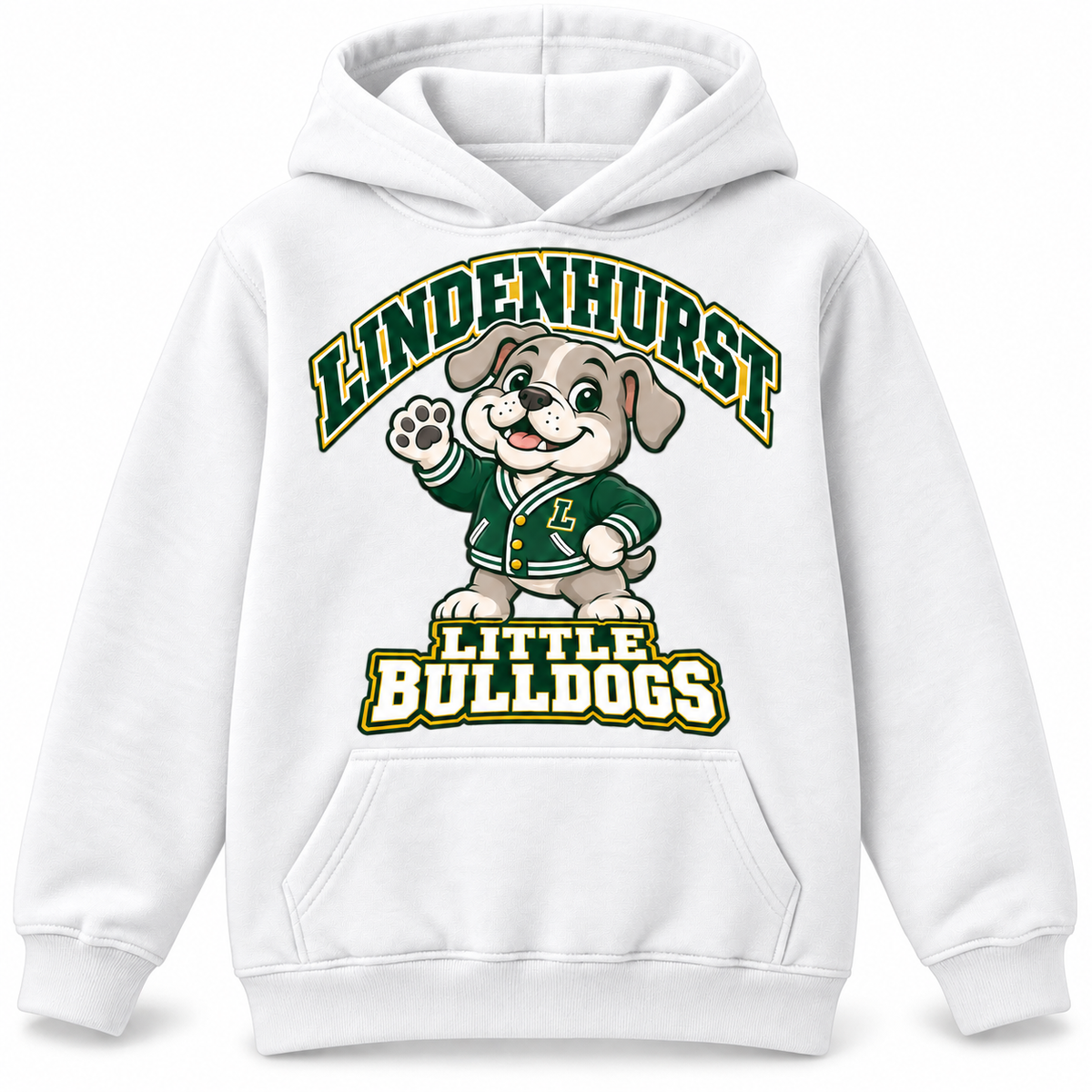 Lindenhurst Little Bulldogs Varsity Pup youth Pullover Hoodie in White, front view