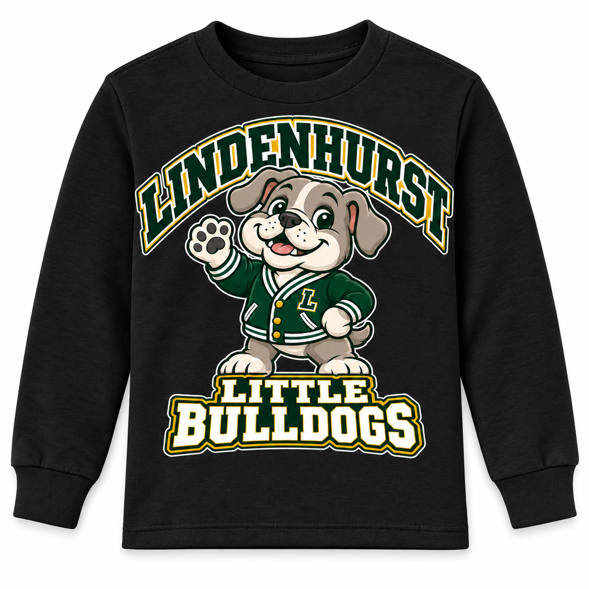 Lindenhurst Little Bulldogs Varsity Pup youth Long Sleeve Tee in Black, front view