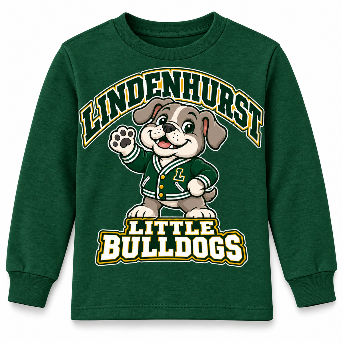 Lindenhurst Little Bulldogs Varsity Pup youth Long Sleeve Tee in Forest Green, front view