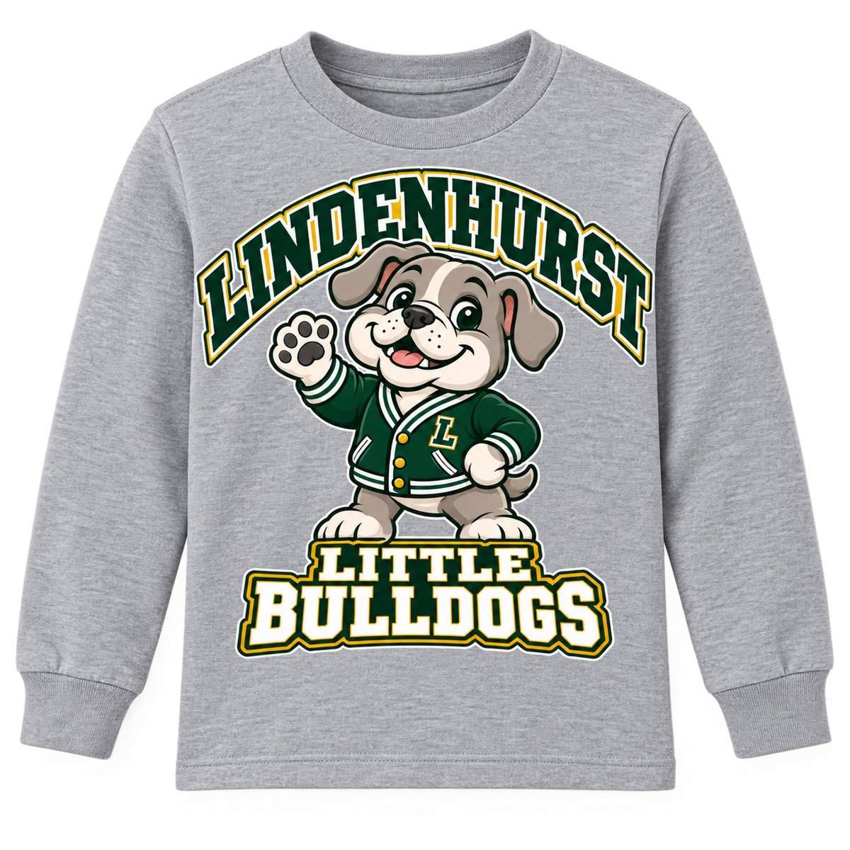 Lindenhurst Little Bulldogs Varsity Pup youth Long Sleeve Tee in Heather Gray, front view