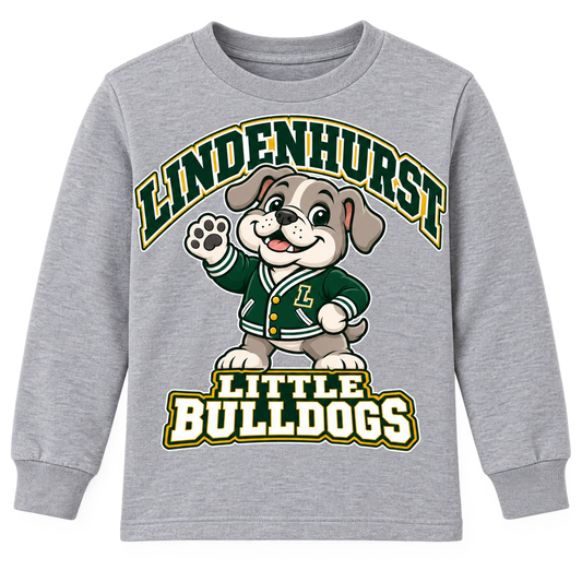 Lindenhurst Little Bulldogs Varsity Pup youth Long Sleeve Tee in Heather Gray, front view