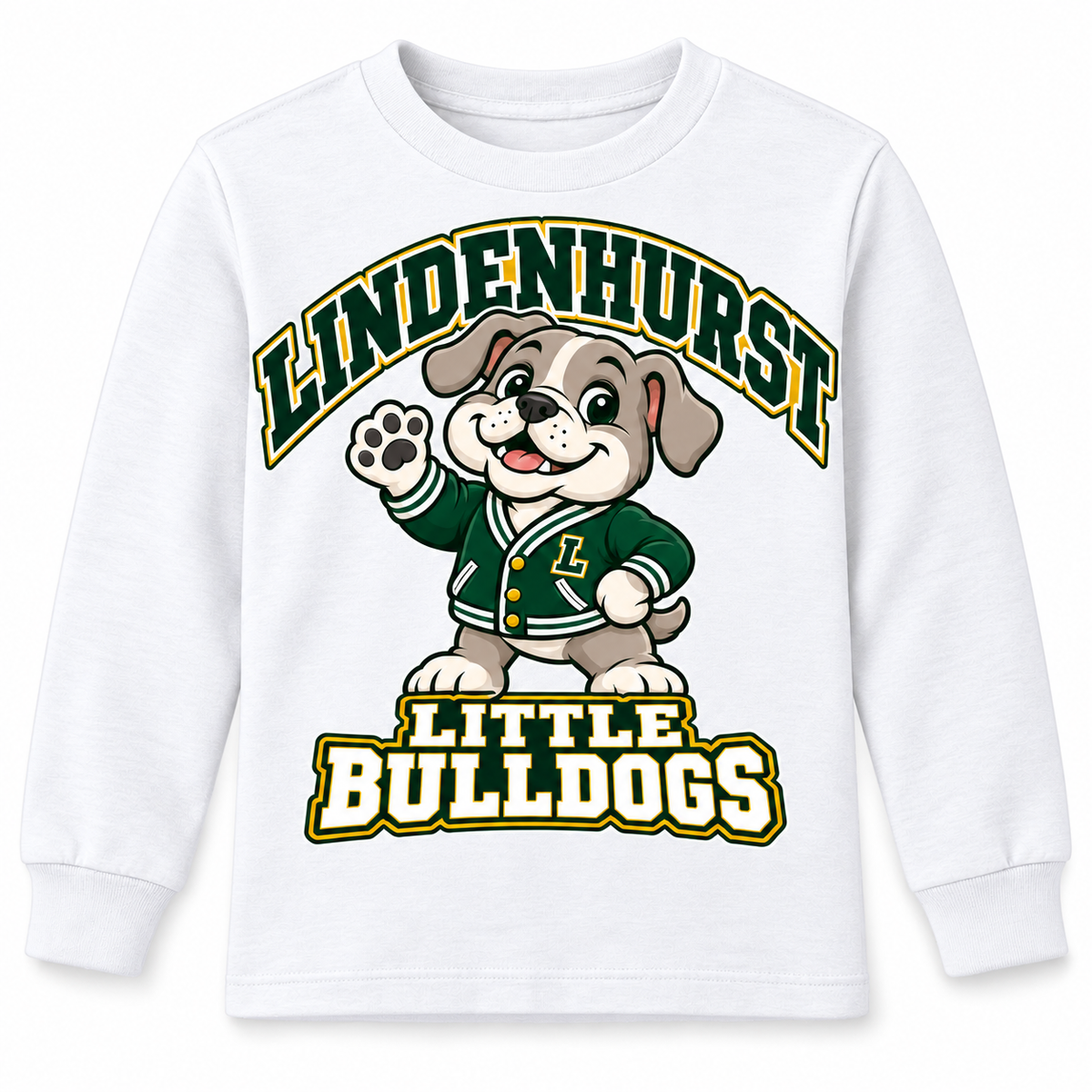 Lindenhurst Little Bulldogs Varsity Pup youth Long Sleeve Tee in White, front view