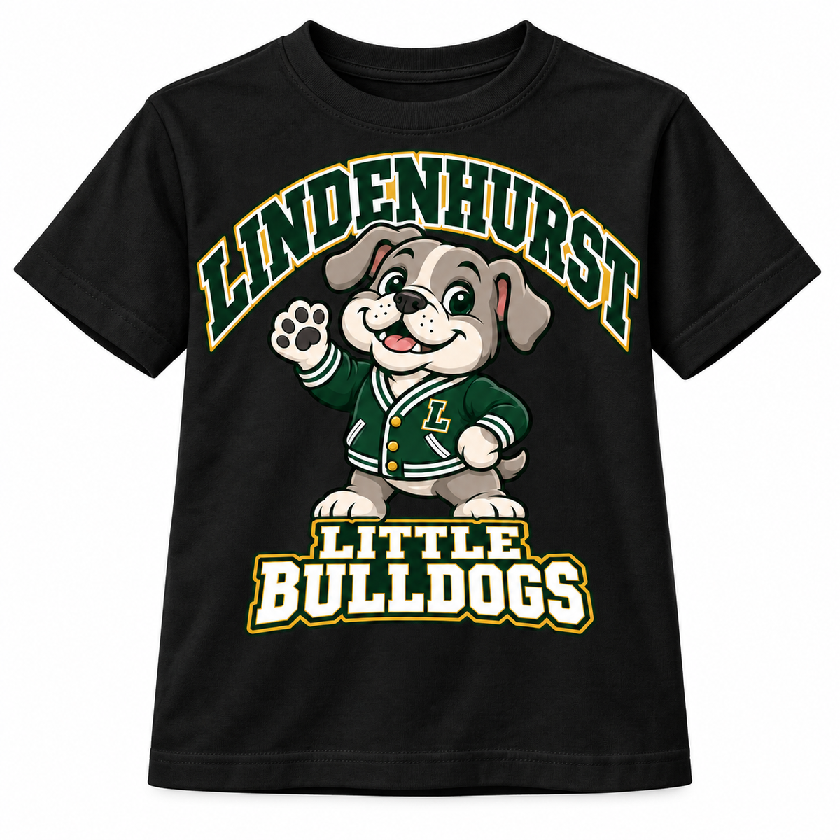 Lindenhurst Little Bulldogs Varsity Pup youth T-shirt in Black, front view