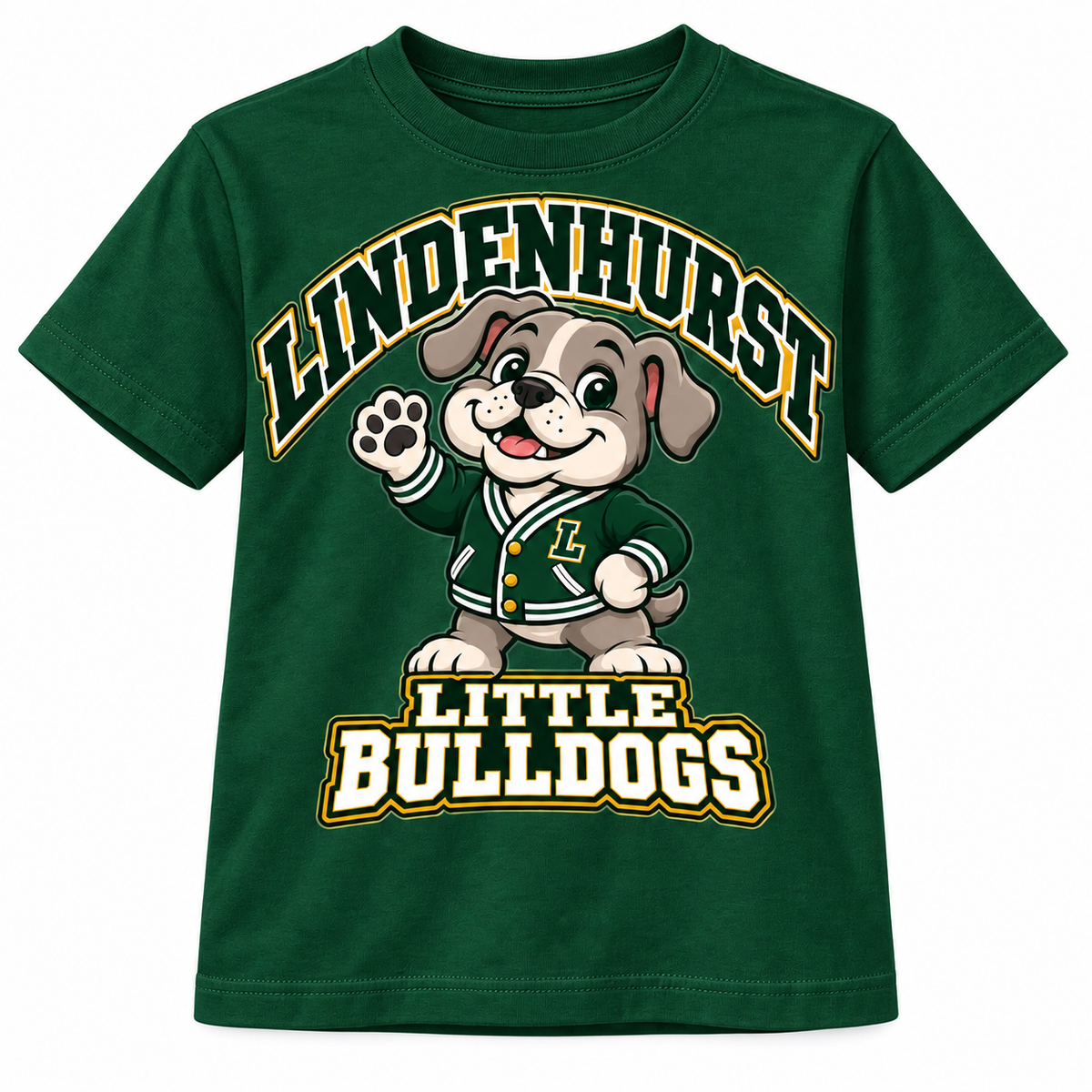 Lindenhurst Little Bulldogs Varsity Pup youth T-shirt in forest green, front view
