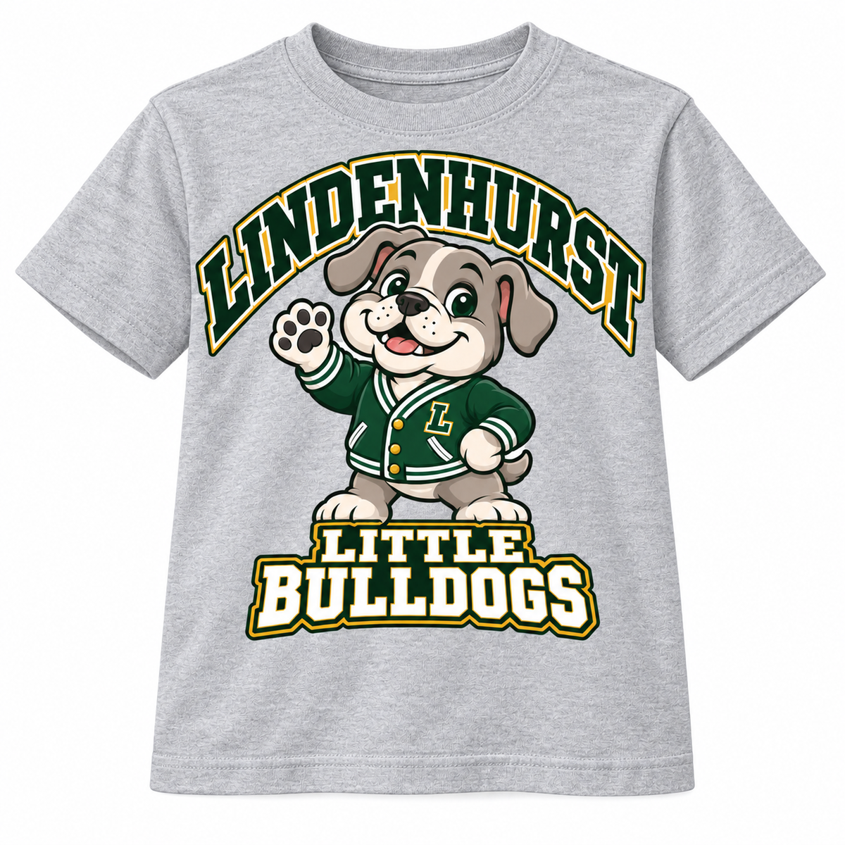 Lindenhurst Little Bulldogs Varsity Pup youth T-shirt in Heather Gray, front view