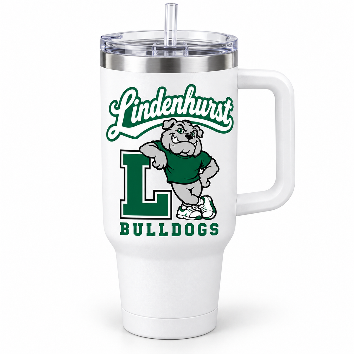 Lindenhurst Retro Bulldogs Leaning L 40 oz Handled Tumbler in White