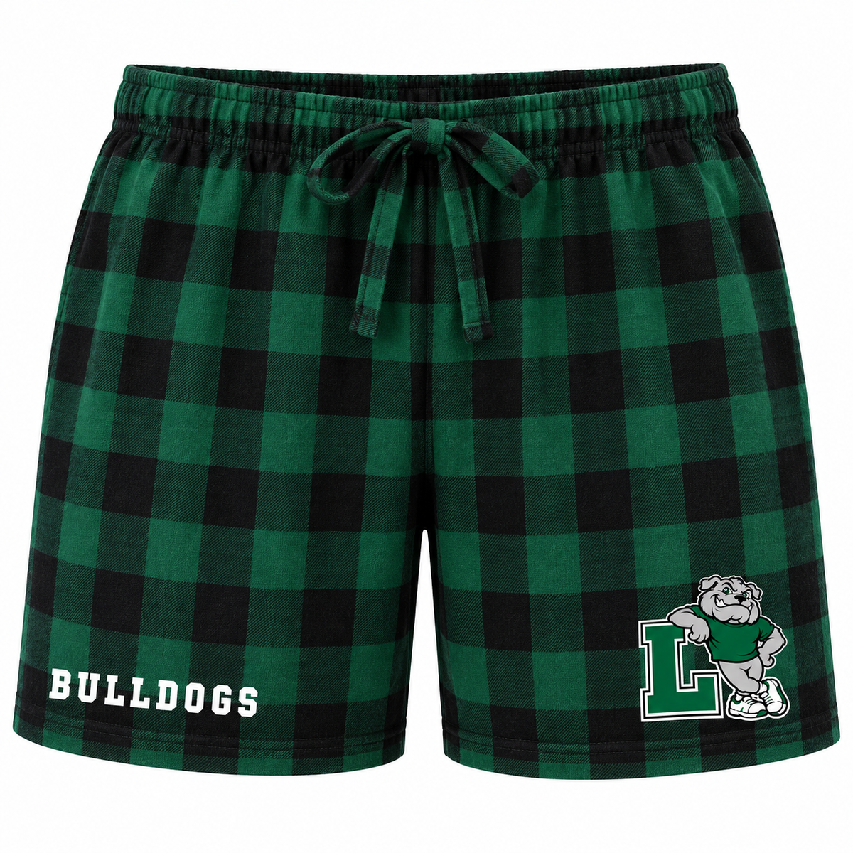 Retro Bulldogs Leaning L Plaid Pajama Shorts in Green / Black Plaid