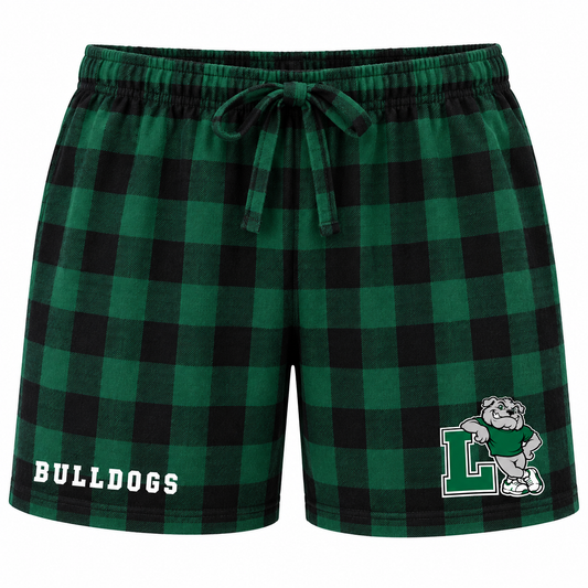 Retro Bulldogs Leaning L Plaid Pajama Shorts in Green / Black Plaid
