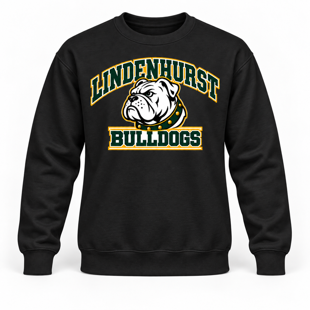 Lindenhurst Bulldogs Stadium Crewneck Sweatshirt in Black, front view with Lindenhurst Bulldogs graphic