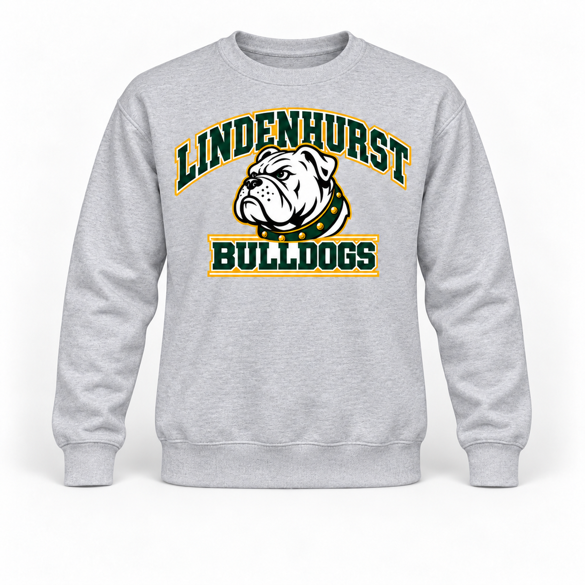 Lindenhurst Bulldogs Stadium Crewneck Sweatshirt in Heather Gray, front view with Lindenhurst Bulldogs graphic