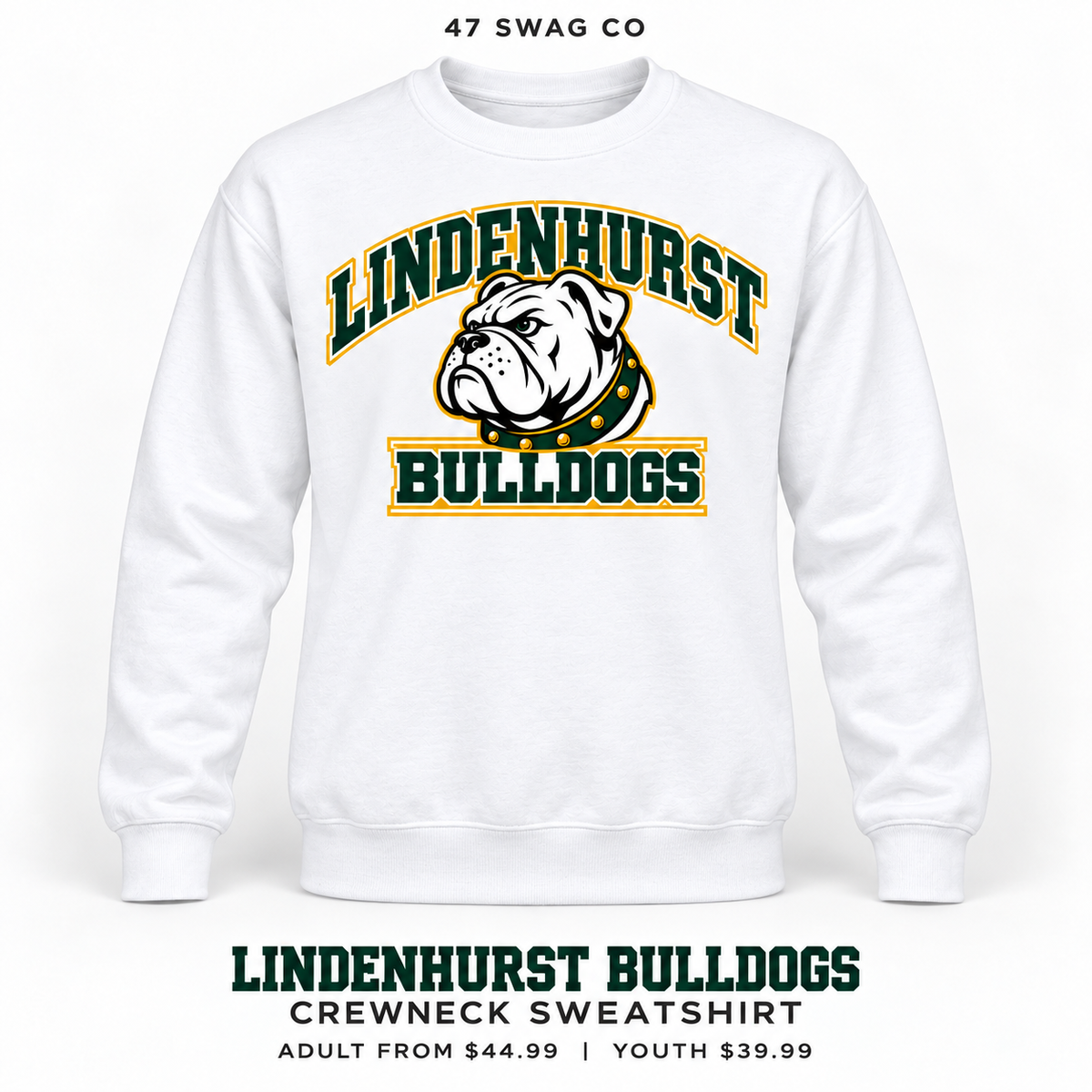 Lindenhurst Bulldogs Stadium Crewneck Sweatshirt in White, front view with Lindenhurst Bulldogs graphic