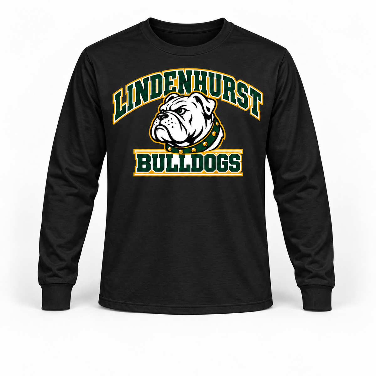 Lindenhurst Bulldogs Stadium Long Sleeve Tee in Black, front view with Lindenhurst Bulldogs graphic