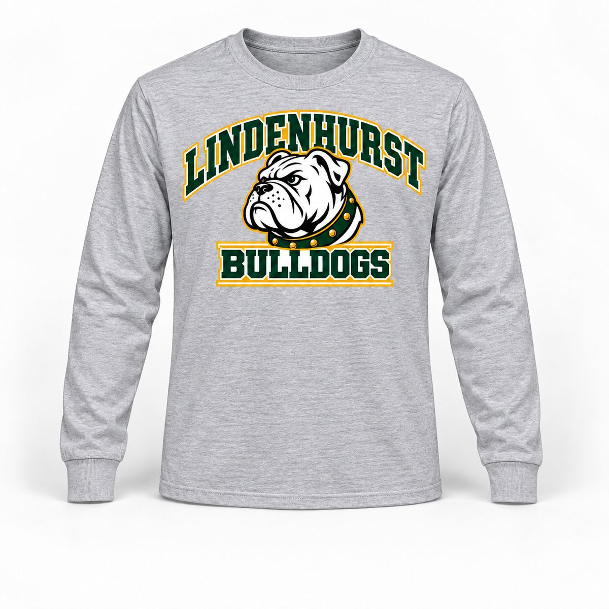 Lindenhurst Bulldogs Stadium Long Sleeve Tee in Heather Gray, front view with Lindenhurst Bulldogs graphic