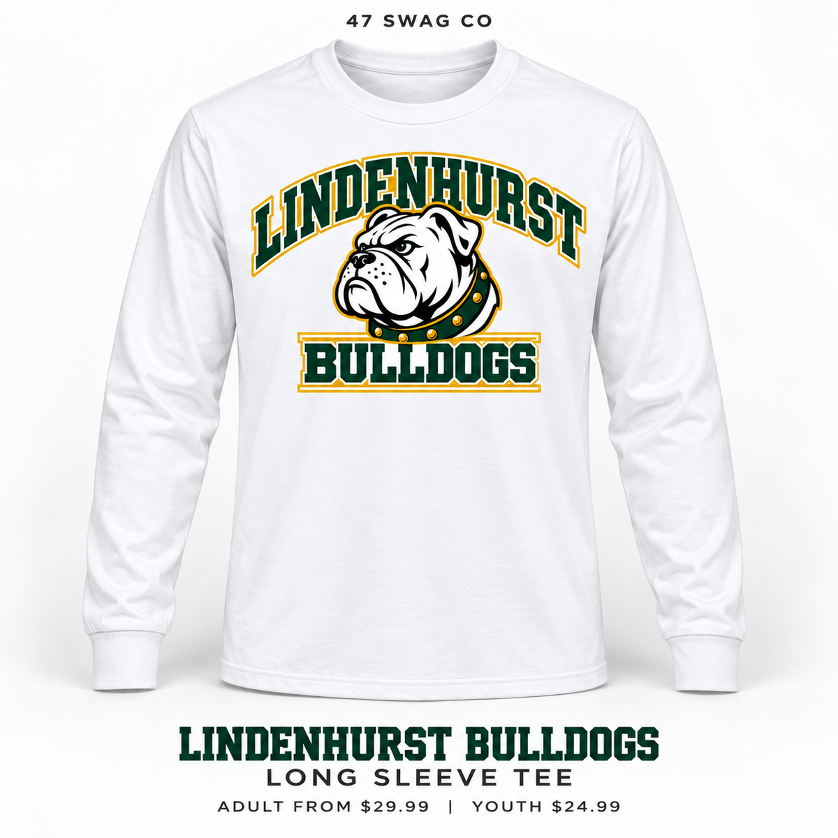 Lindenhurst Bulldogs Stadium Long Sleeve Tee in White, front view with Lindenhurst Bulldogs graphic