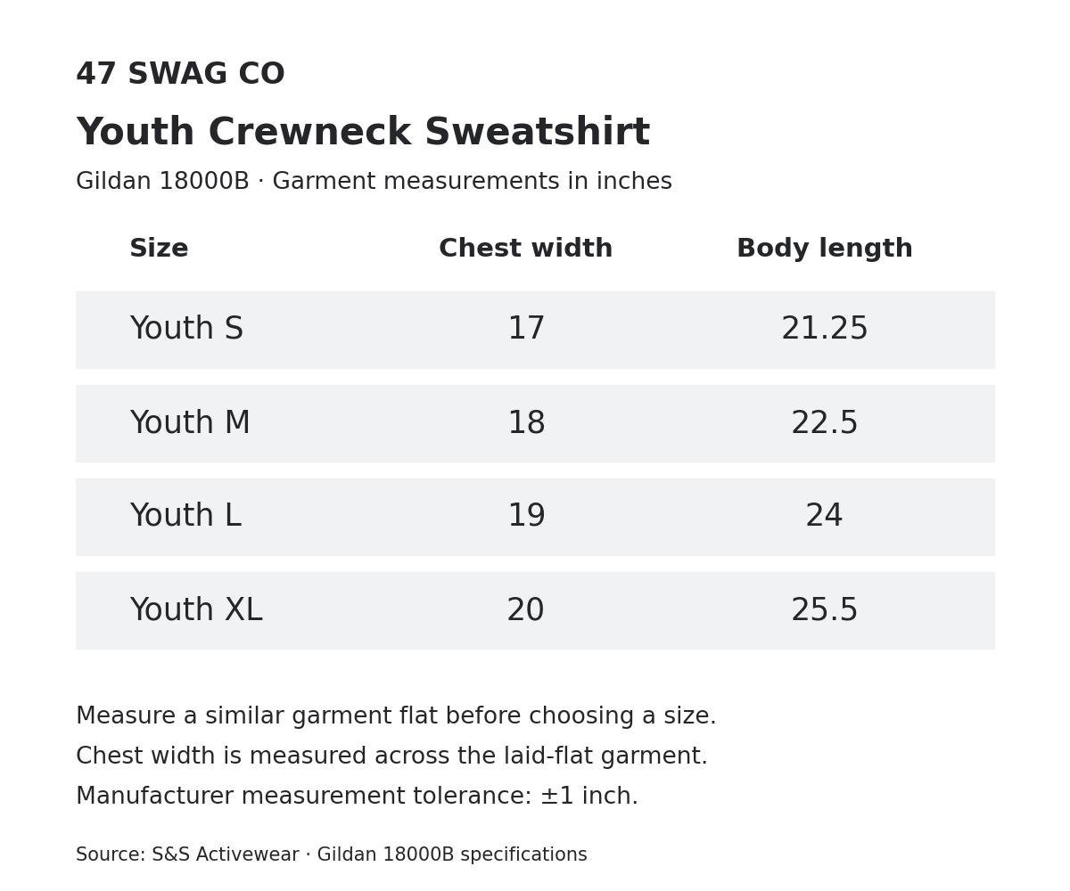 Gildan 18000B youth S–XL garment measurements in inches