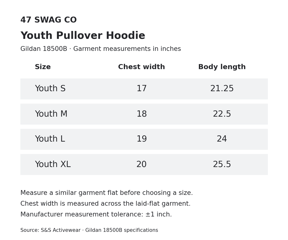 Gildan 18500B youth S–XL garment measurements in inches