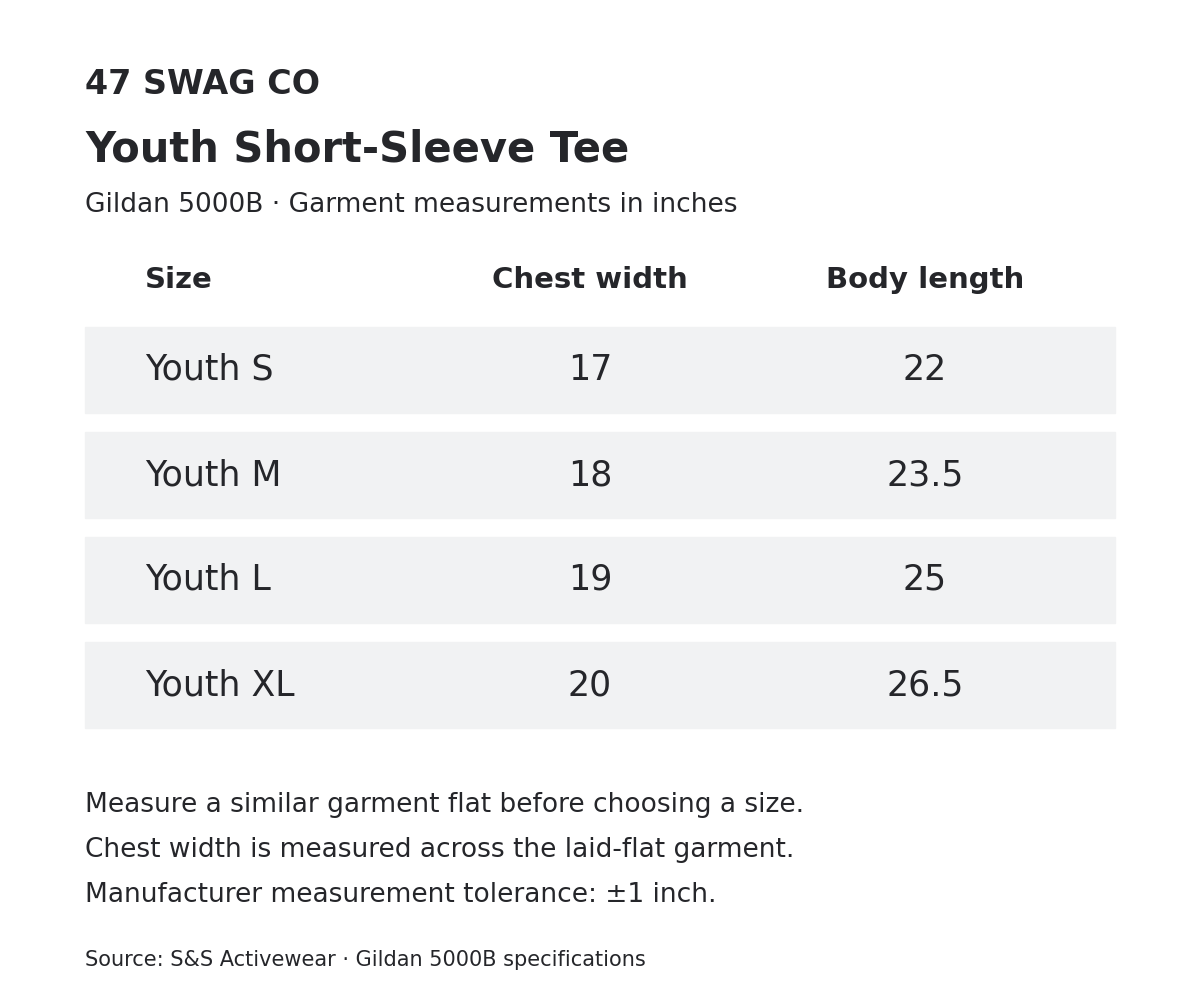 Gildan 5000B youth S–XL garment measurements in inches