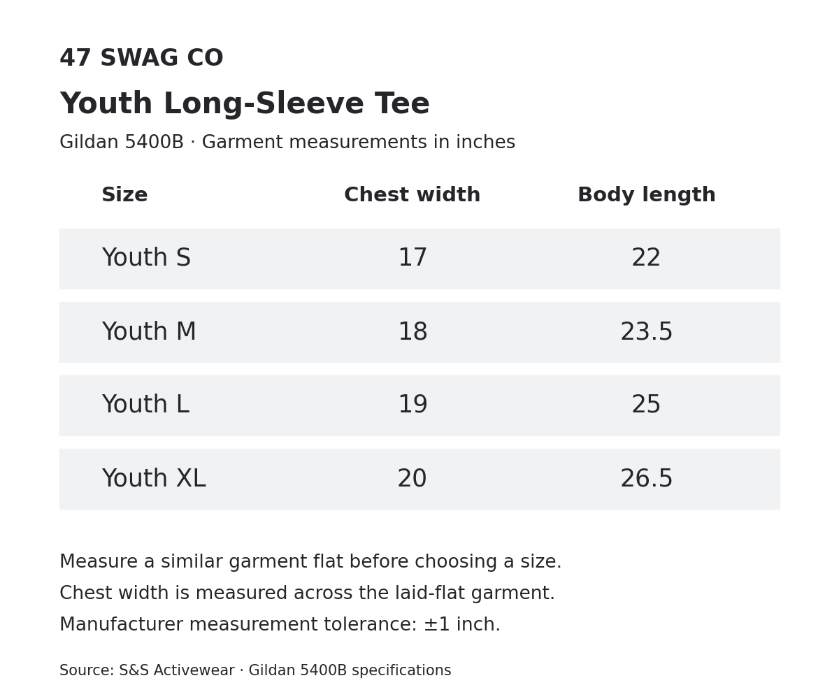 Gildan 5400B youth S–XL garment measurements in inches