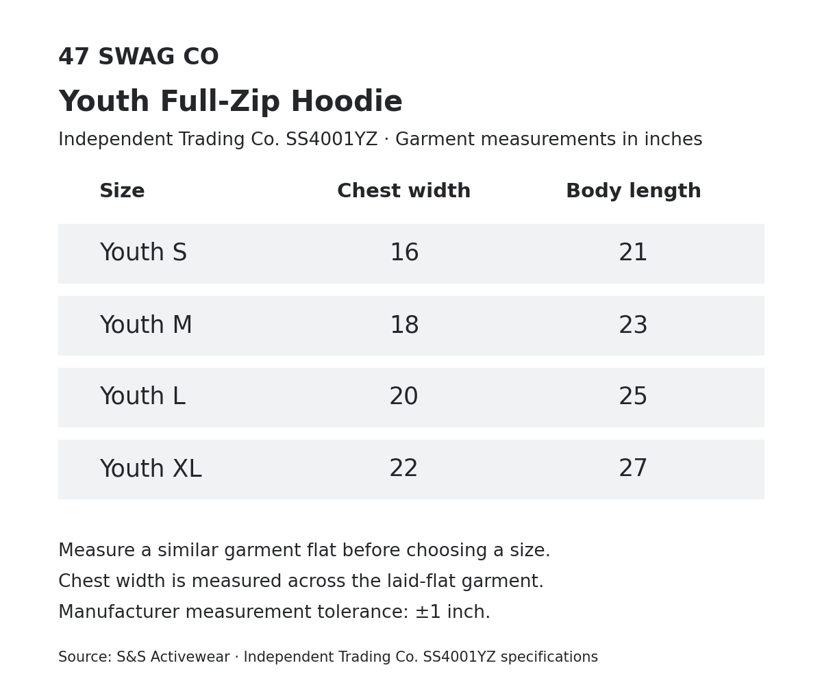 Independent Trading Co SS4001YZ youth full-zip hoodie size guide in inches