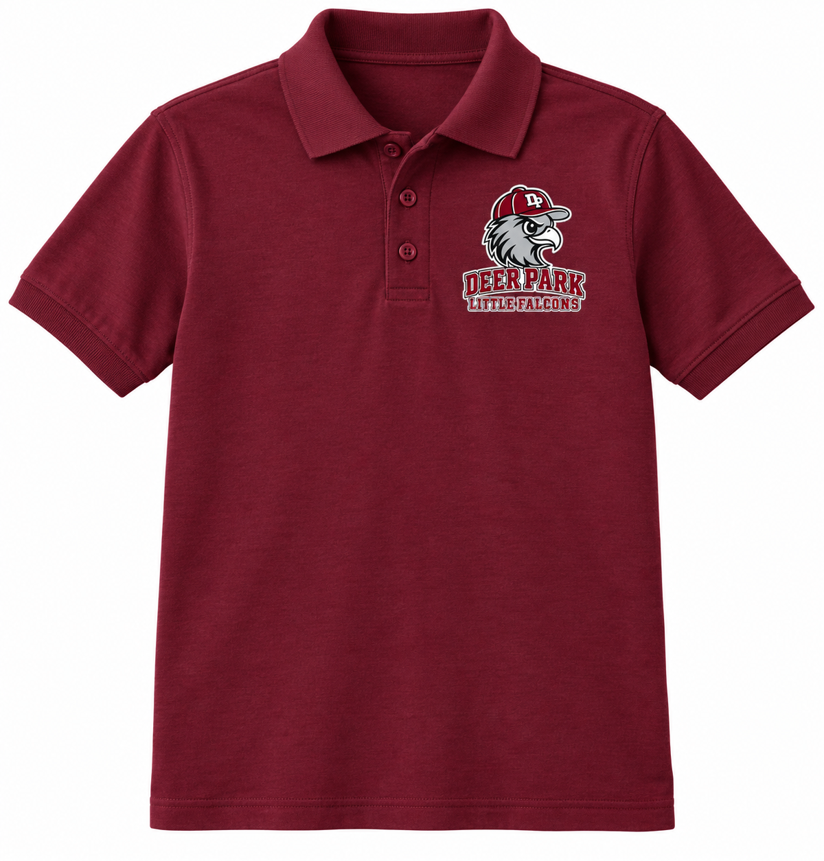 Deer Park Little Falcons youth polo in Maroon, compact front chest crest