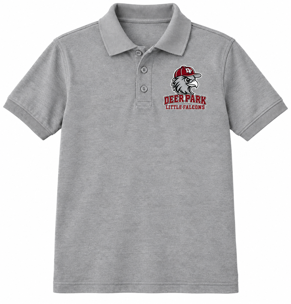 Deer Park Little Falcons youth polo in Sport Grey, compact front chest crest