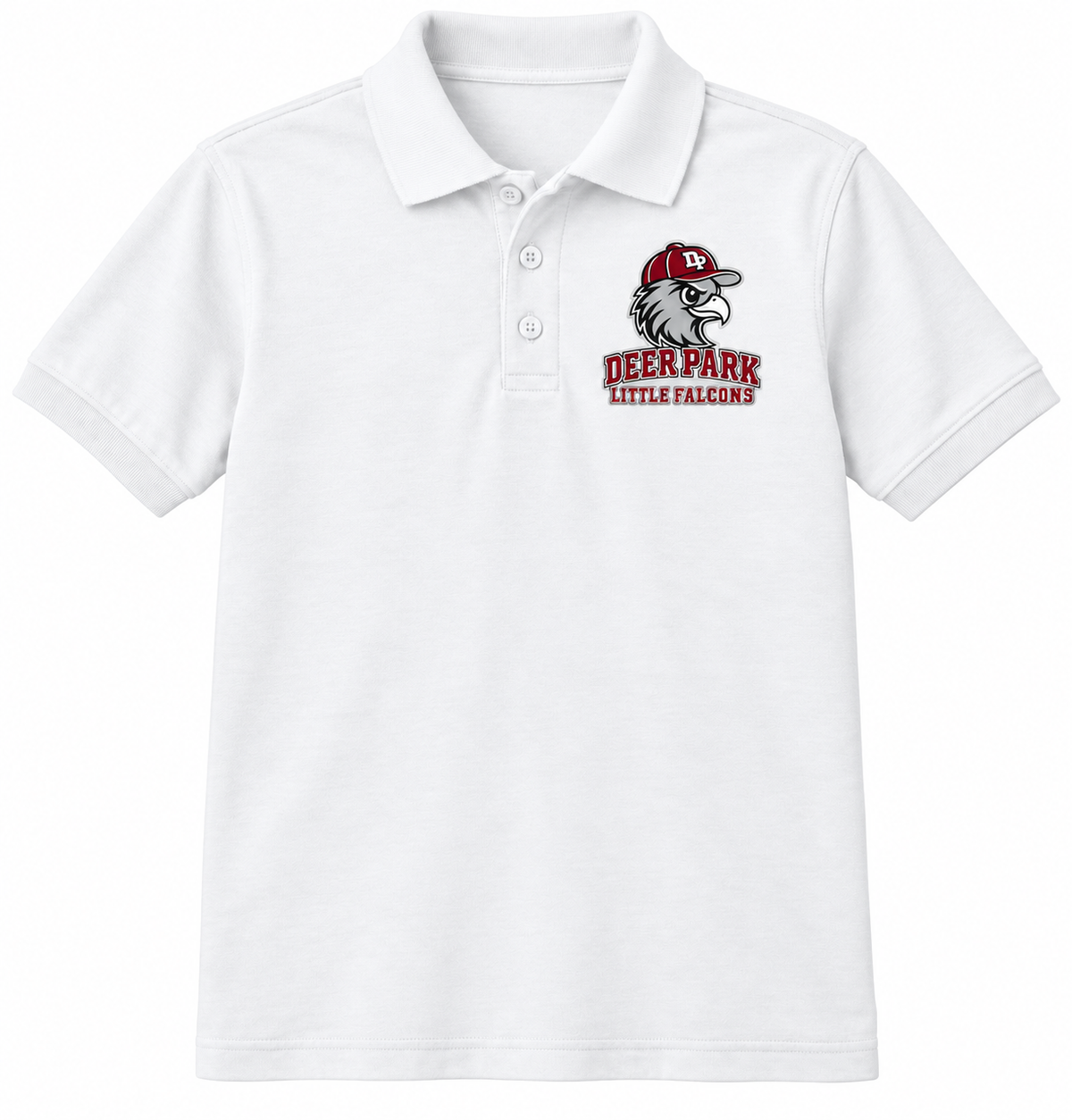 Deer Park Little Falcons youth polo in White, compact front chest crest