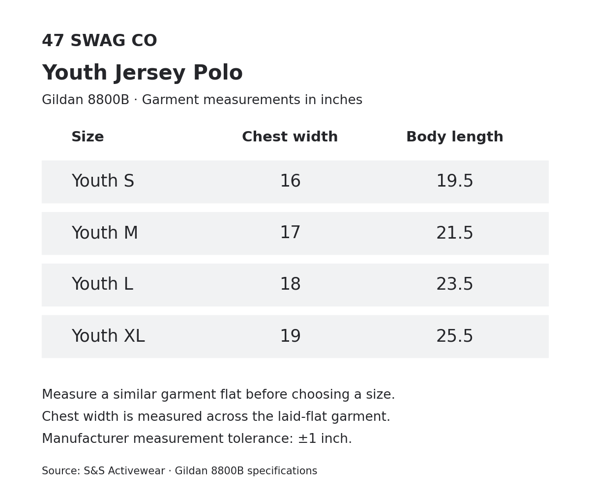 Gildan 8800B youth polo garment measurements in inches