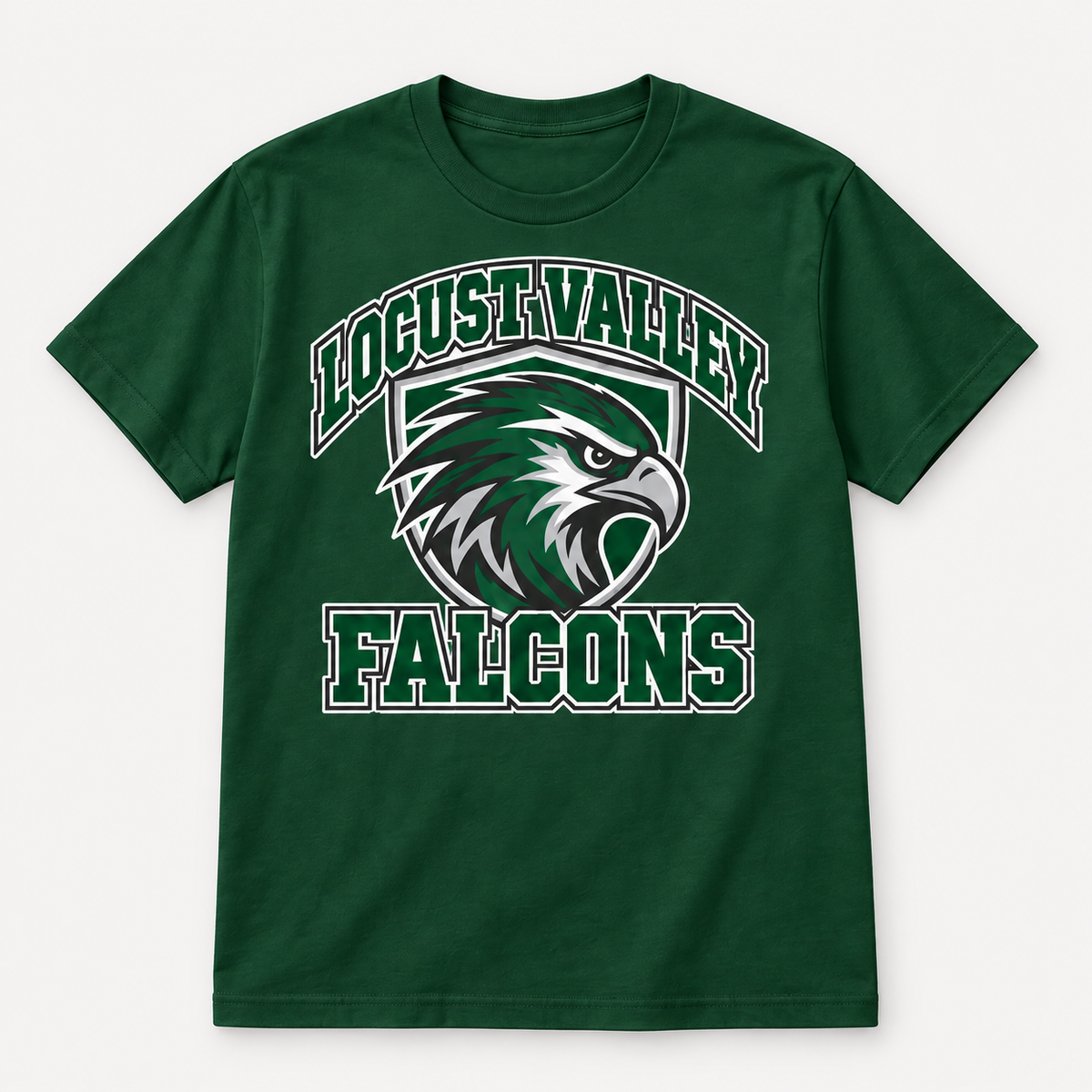 Digital mockup: Forest Green Locust Valley Falcon Shield Tee, front view