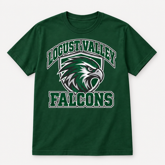 Digital mockup: Forest Green Locust Valley Falcon Shield Tee, front view