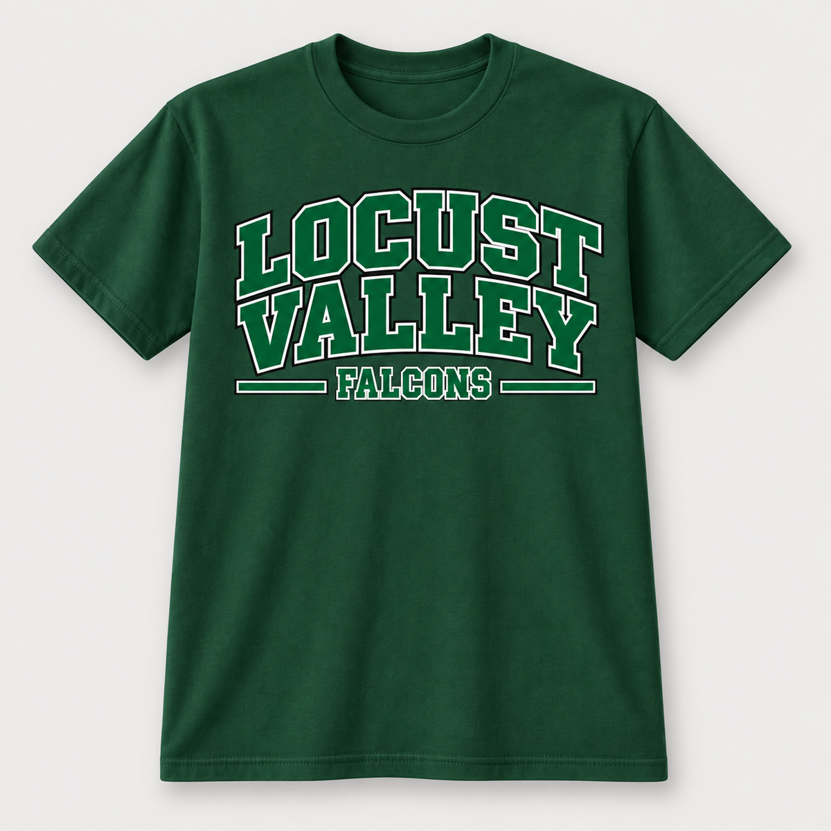 Digital mockup: Forest Green Locust Valley Heritage Varsity Tee, front view