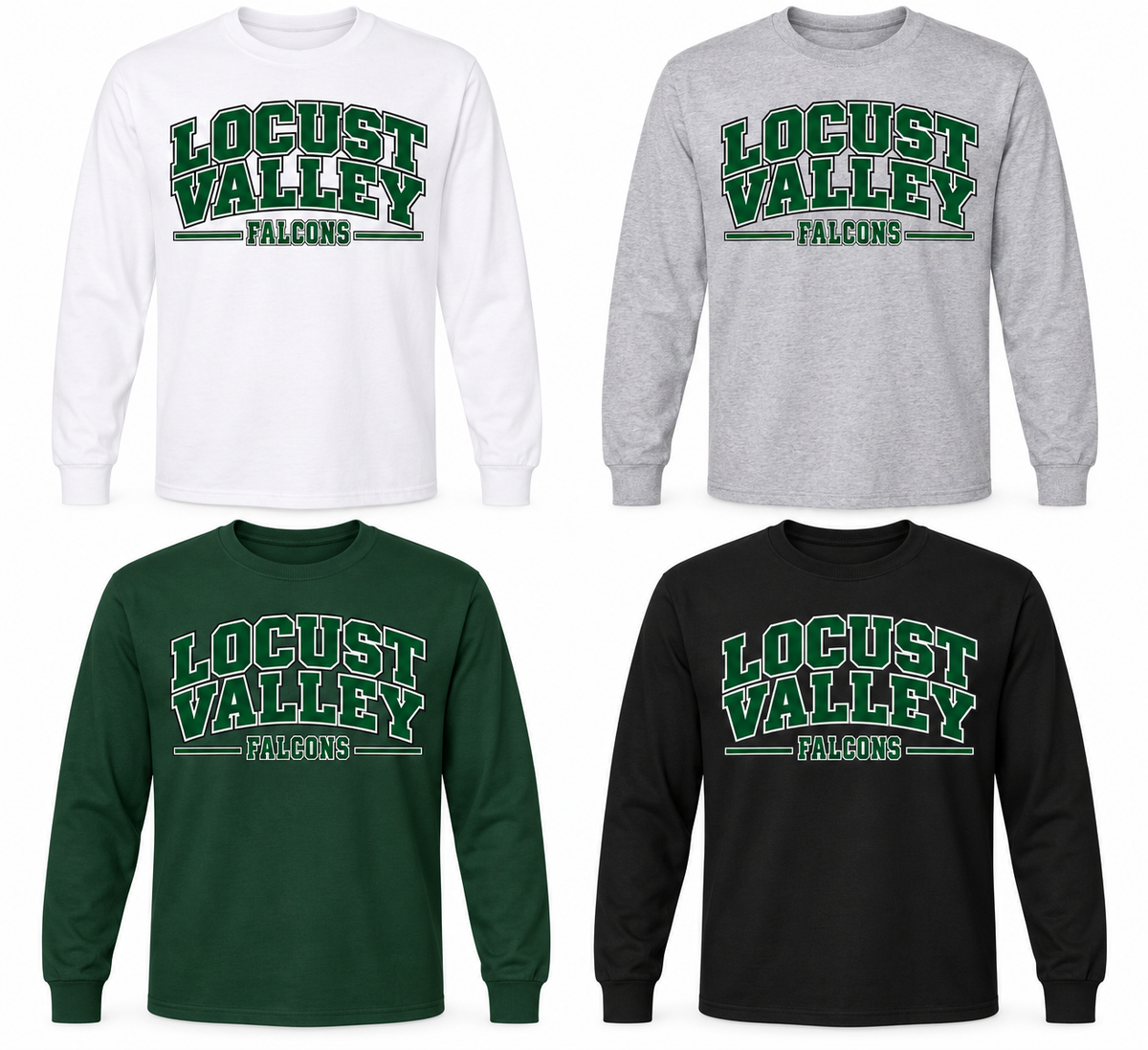 Locust Valley Heritage Varsity Long Sleeve: White, Sport Grey, Forest Green, Black; front DTF print