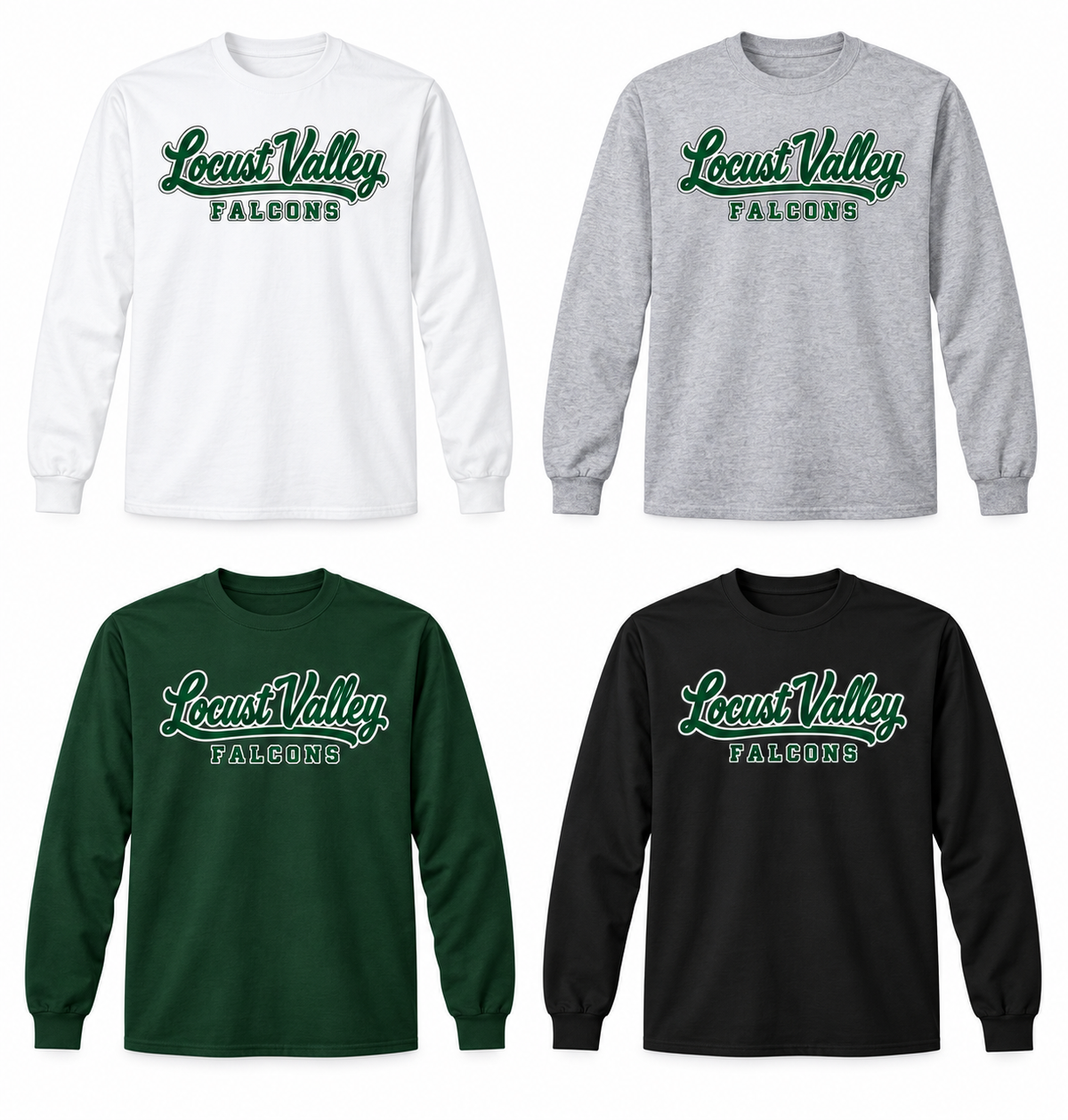 Locust Valley Sideline Script Long Sleeve: White, Sport Grey, Forest Green, Black; front DTF print