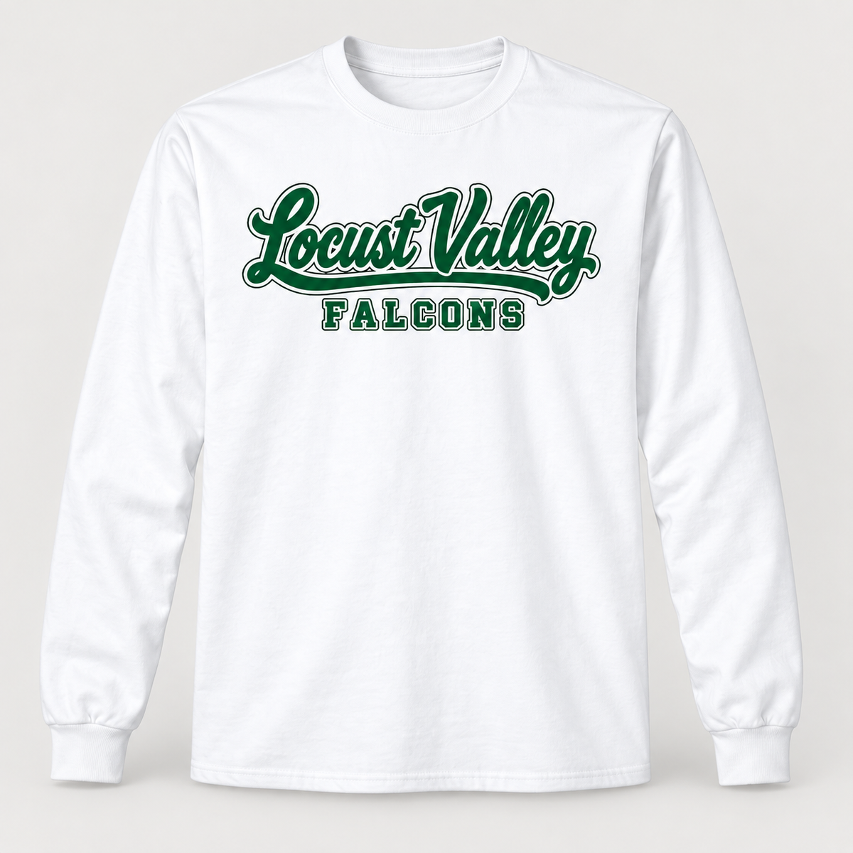 Digital mockup: White Locust Valley Sideline Script Long Sleeve, front view