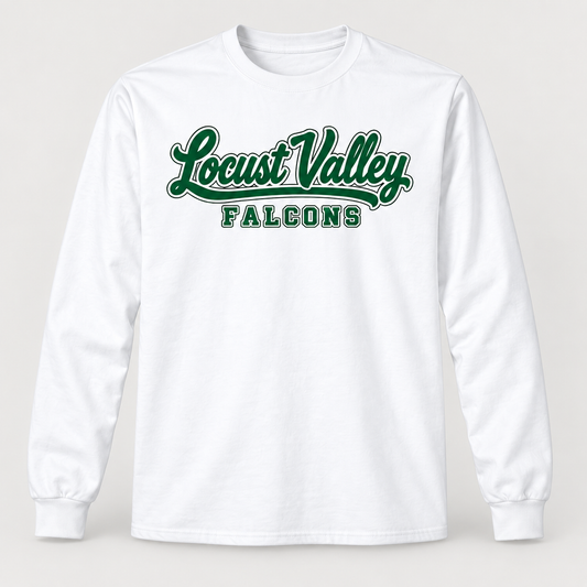 Digital mockup: White Locust Valley Sideline Script Long Sleeve, front view