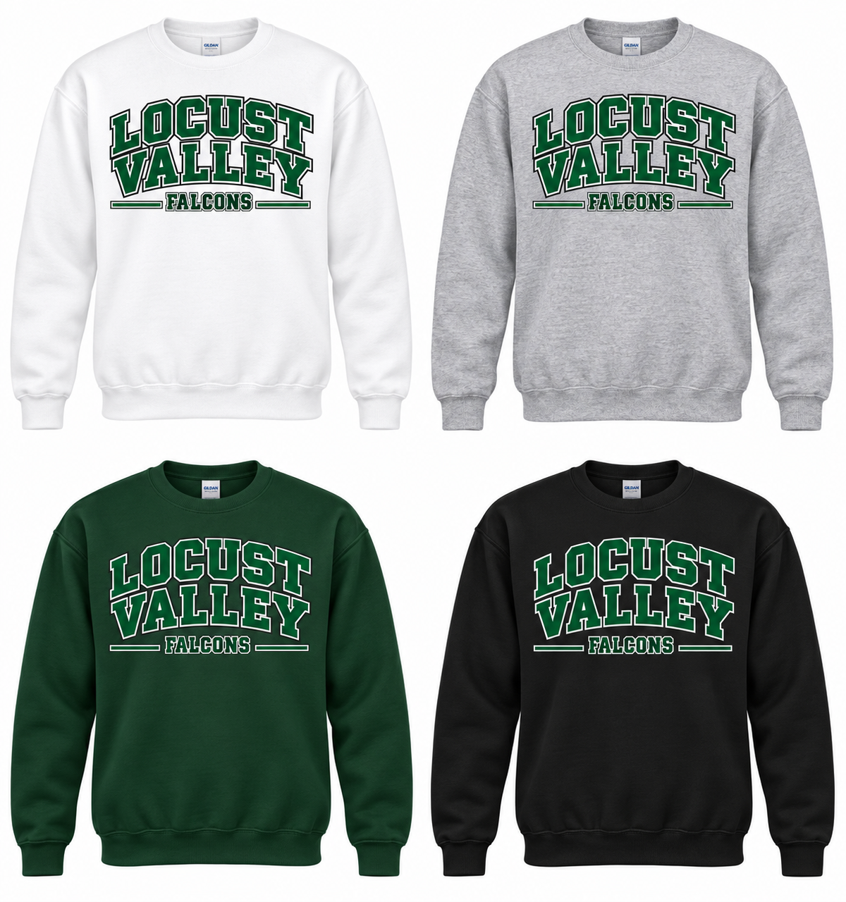 Locust Valley Heritage Varsity Crewneck: White, Sport Grey, Forest, Black; front DTF print